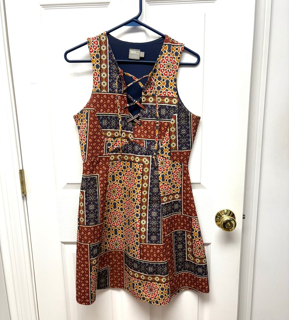 ASOS Dress Sleeveless Fit Flare Nave Gold Red Boho Print, Women's Size 6